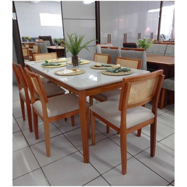 MESA DE JANTAR ALEGRA OFF WHITE COM 6 CADEIRAS TELA