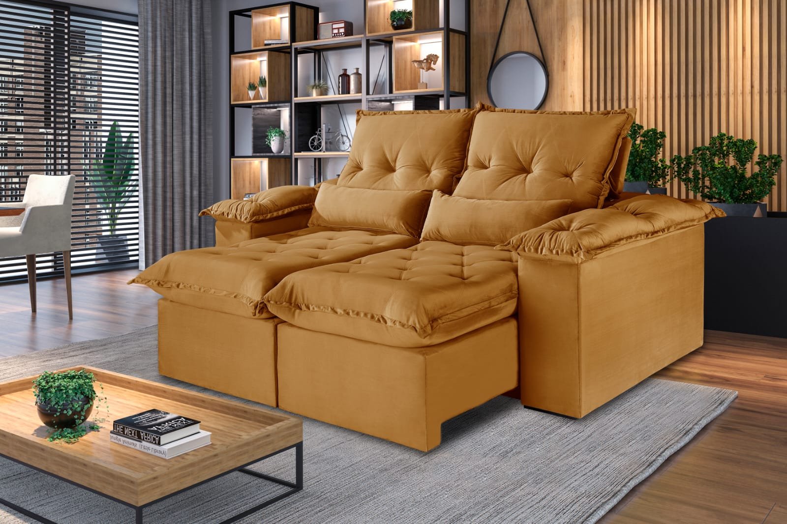 Estofado Retrátil Reclinável 290m Ouro Preto Tecido: Veludo Jolie da Idealle - Imagem 4