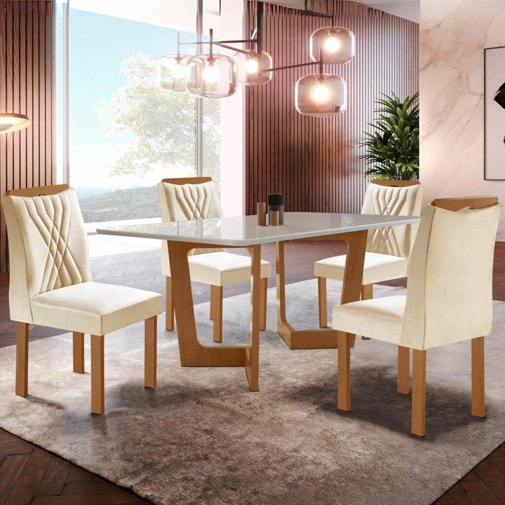 Mesa Dubai 120 Cinamono/Off White com 4 Cadeiras Veludo Bege