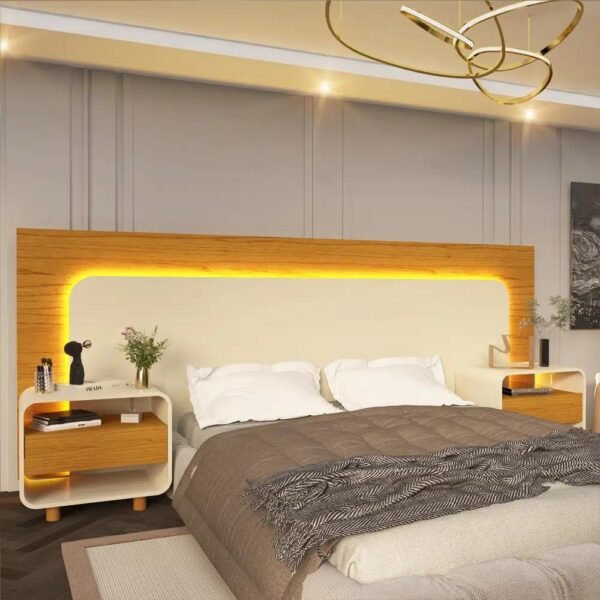 Cabeceira Box Innova 140/160/195 com LED e 2 Mesas de Cabeceira, Côr Naturale/Off White, da Gelius