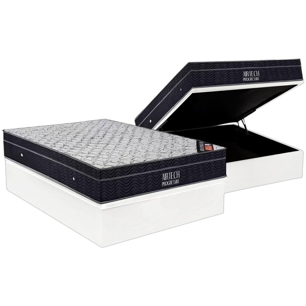 Colchão Casal Airtech Progressive D26 + Base Box Baú Avalon Branco – ORTOBOM + AVALON COLCHÕES