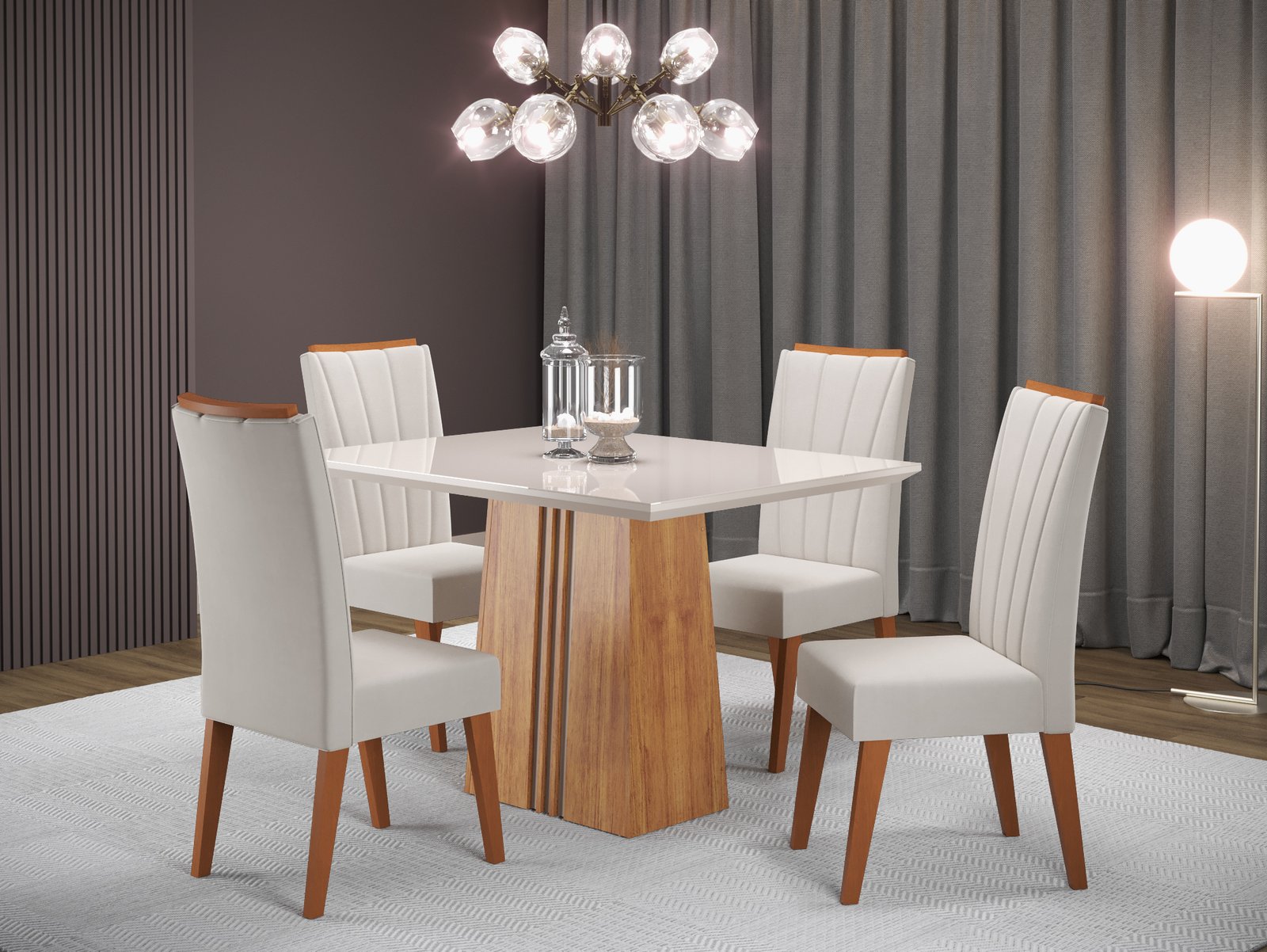 Mesa Ibi 120 com 4 Cadeiras Safira, Côr Mel/Off White, da Viero - Imagem 2