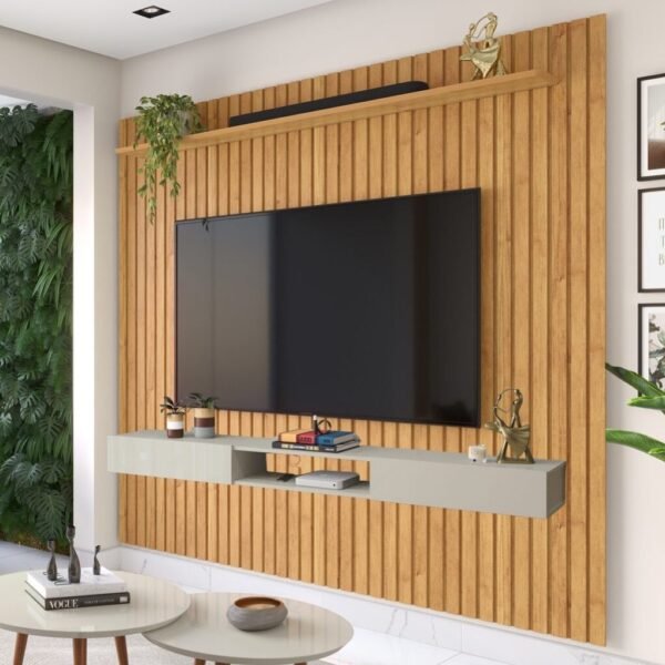 Painel Ripado até 55″ Impacto 1.4 Cinamono + Nicho Impacto 1.2 Off White