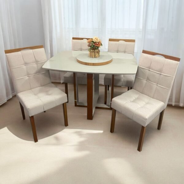 Mesa Atlas Mel/Off White Canto Barril 120×90 com 4 Cadeiras