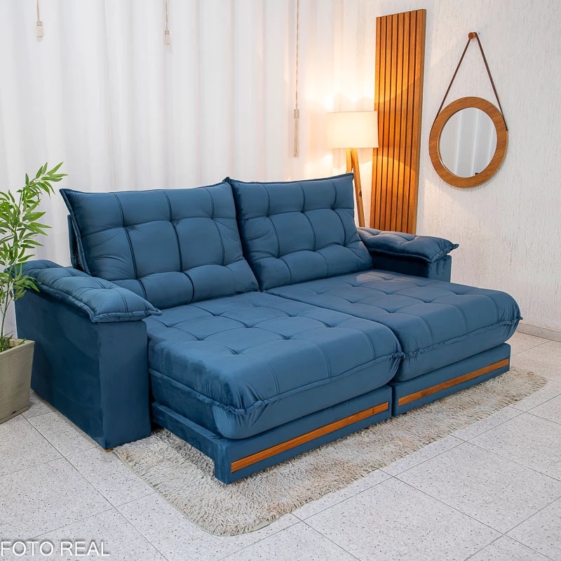 Sofá Retrátil Reclinável Barcelona 2.30m Veludo Azul D33 e Molas Ensacadas