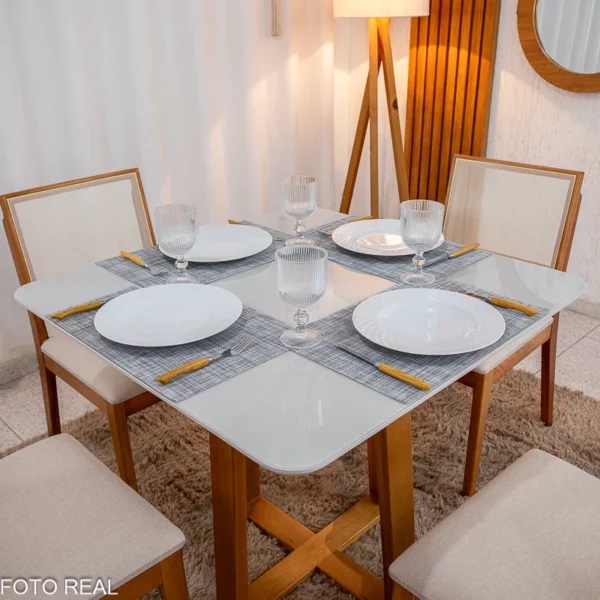 Mesa Pedro 90×90 + 4 Cad. Linho Bege Madeira Maciça - Imagem 2