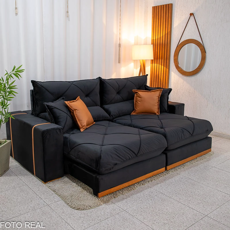 Sofá Retrátil Reclinável Gran Bello 2.30m Veludo Preto Molas Ensacadas