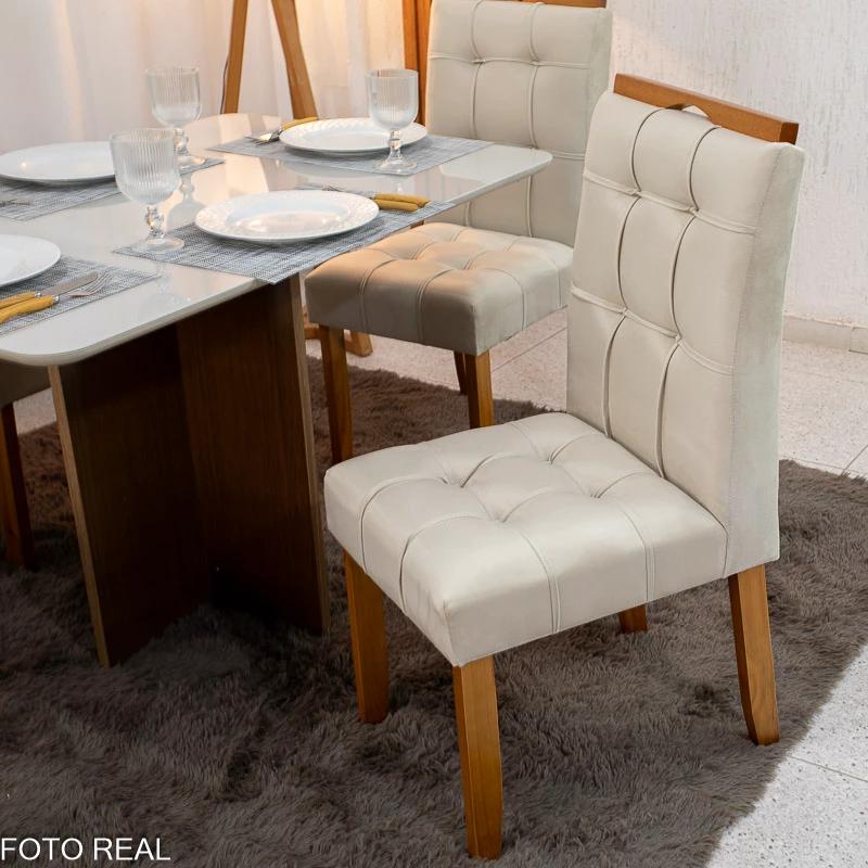 Mesa Moscou 120×80 Cinamomo/Off 4 Cadeiras Veludo Madeira Maciça - Imagem 2