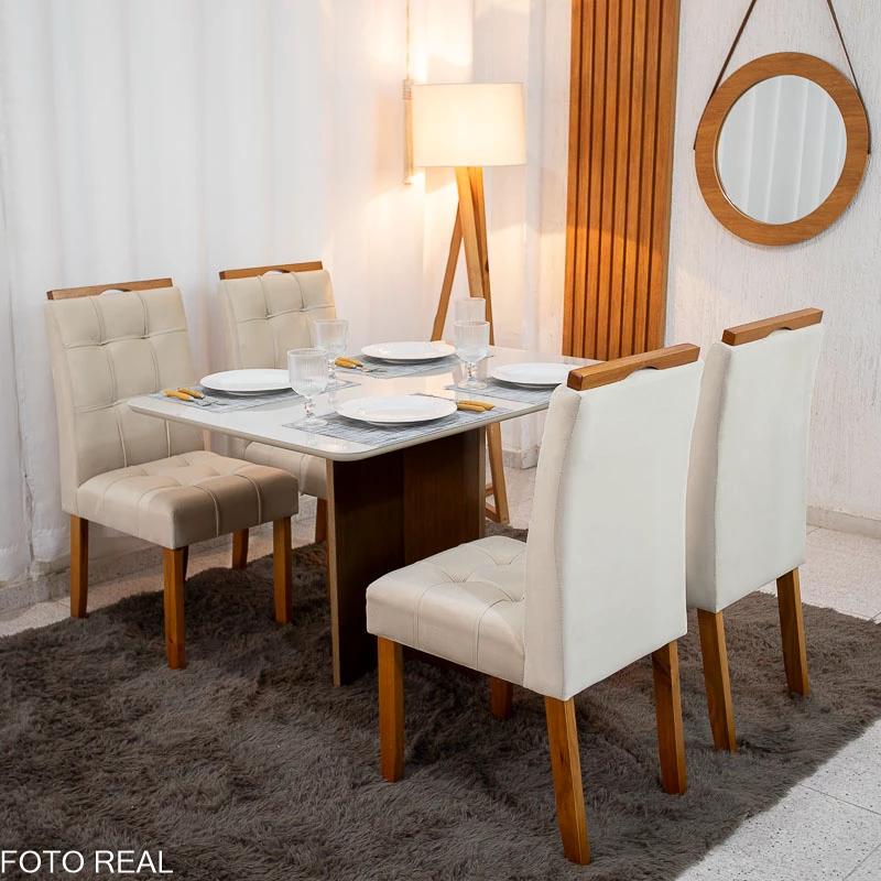 Mesa Moscou 120×80 Cinamomo/Off 4 Cadeiras Veludo Madeira Maciça