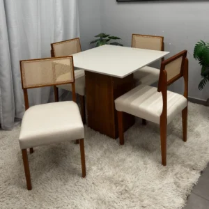 Mesa Dakota 90x90cm Sem Vidro e 4 Cadeiras Grecia em Linho Madeira