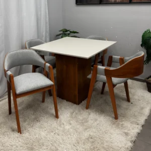 Mesa Dakota 90x90cm Sem Vidro e 4 Cadeiras Perola em Linho Madeira