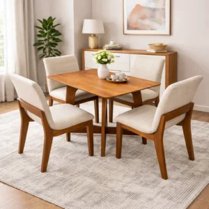 Mesa Dubai 120x80cm Sem Vidro e 4 Cadeiras Sofia em Linho Madeira