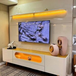 Painel até 85″ Royal 220 Off White + Rack Nobre 210 (Pés de Madeira) Off White/Naturale – GELIUS