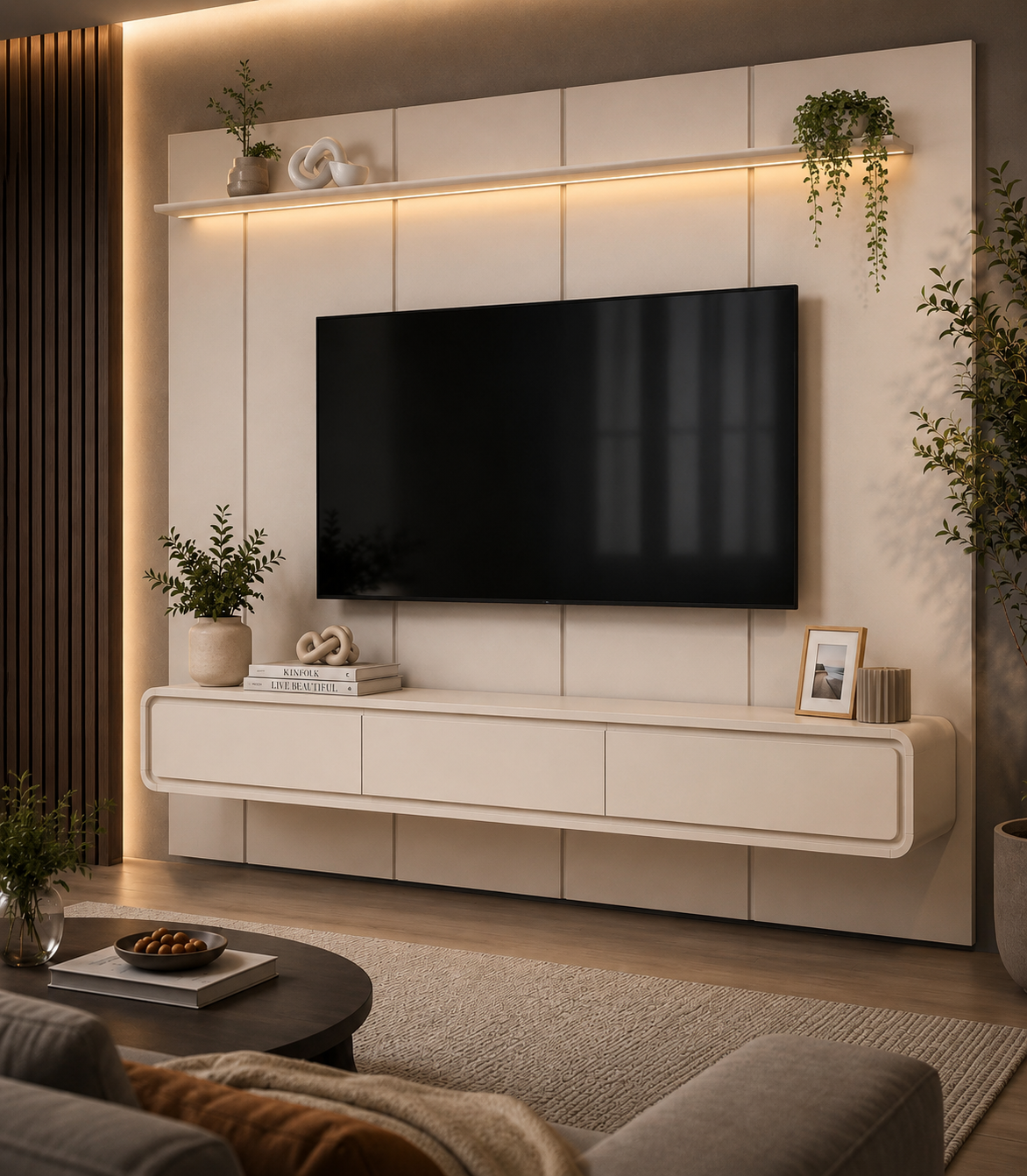 PAINEL ESTONE 2.25 + NICHO LIV SUSPENSO 2.18 CM COM 3 GAVETAS