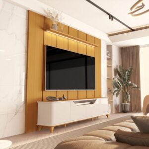 Painel até 75″ Lumi 2.19 Off White + Rack Aron Off White/Cedro – EDN MÓVEIS