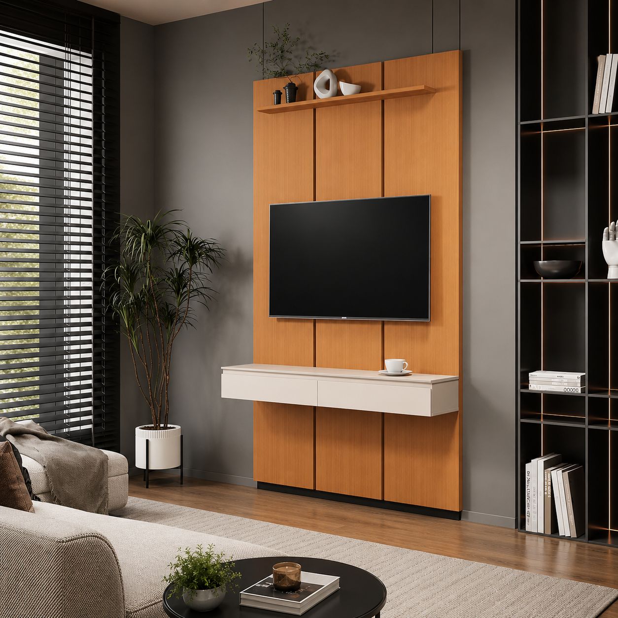 PAINEL ESTONE 1.40 + NICHO LIV SUSPENSO 1.35 COM 2 GAVETAS