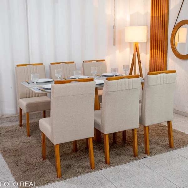 Mesa de Jantar Bali 160×80 Vidro Off/Base Madeira + 6 Cad. Atlanta Linho Bege Cru Madeira Minas Plac - Imagem 3