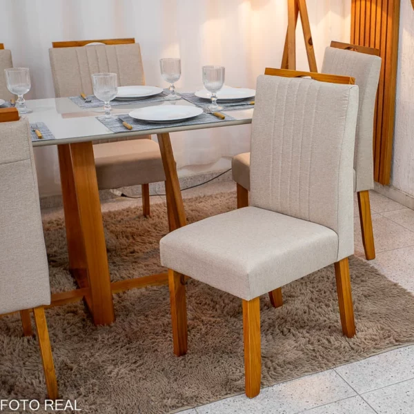 Mesa de Jantar Bali 160×80 Vidro Off/Base Madeira + 6 Cad. Atlanta Linho Bege Cru Madeira Minas Plac - Imagem 2