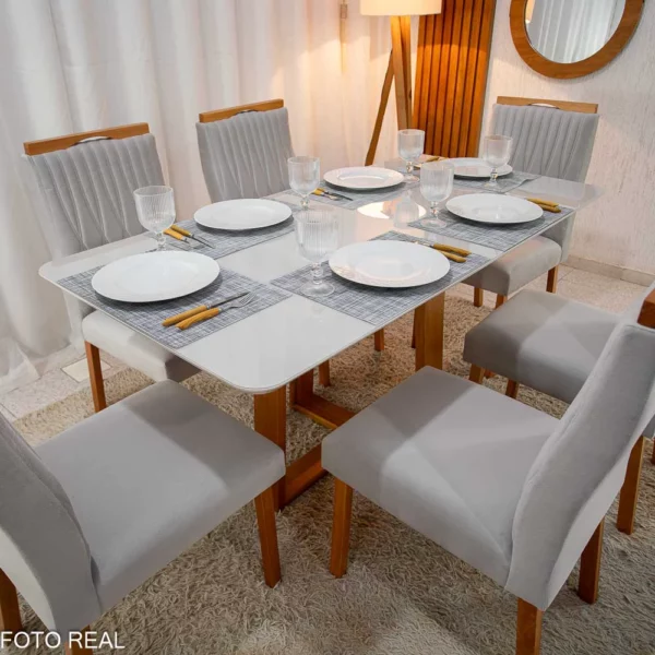 Mesa Pedro Mel Vidro OFF 160×80 6 Cadeiras Genova Veludo Prata 514 Madeira Maciça Art Assen - Imagem 2